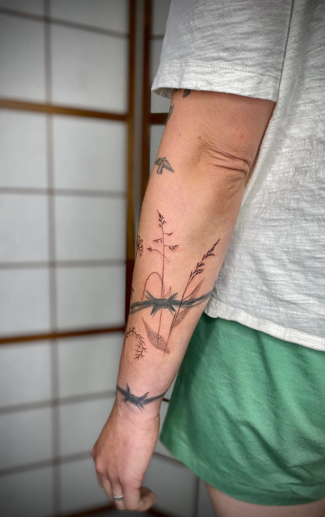 Gräser Stacheldraht – Grafisch, Handpoke, Illustrativ von Sarah K., Bloom at Night Köln